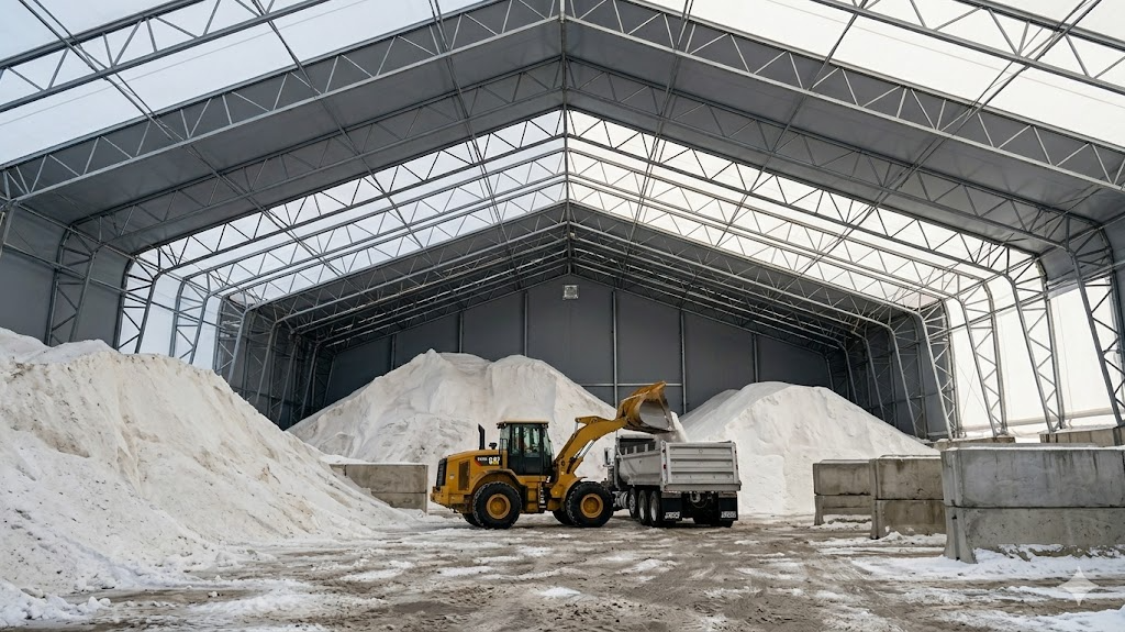 Snow plow truck spreading highway-approved rock salt on winter road