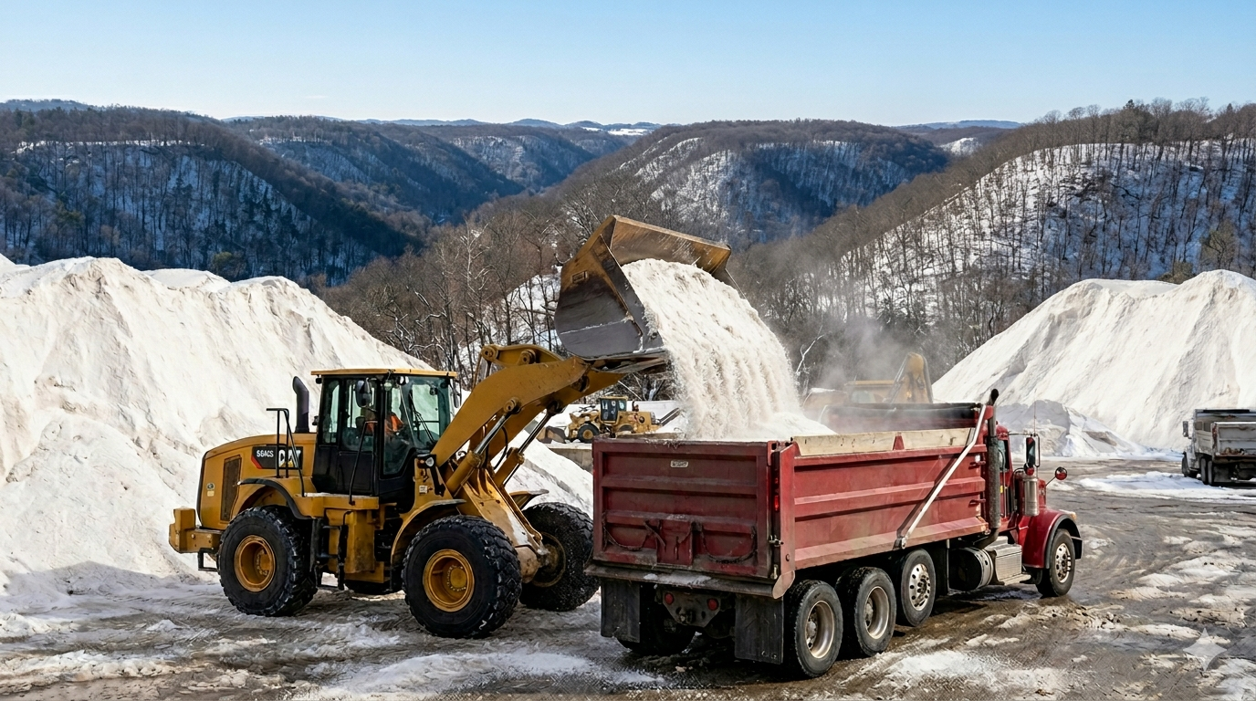 Tractor loading bulk rock salt at WV Bulk Salt facility
